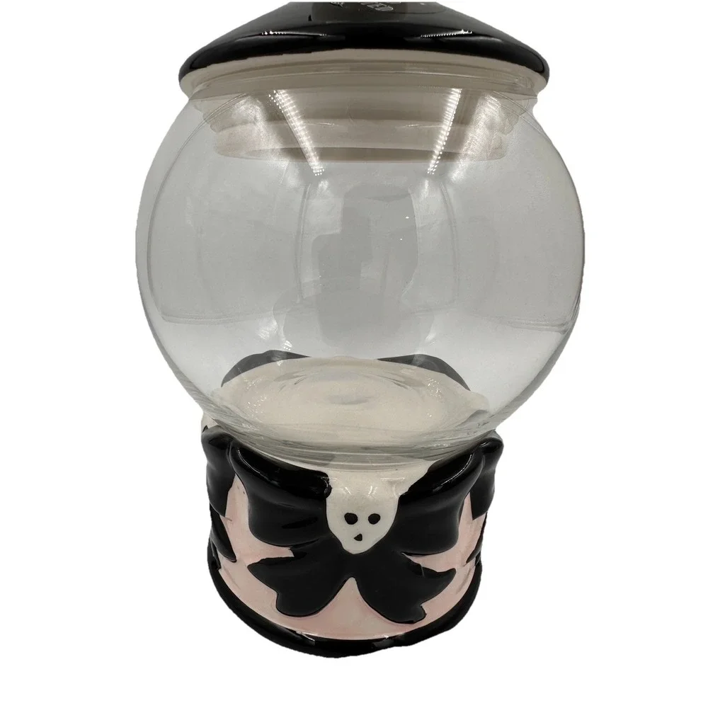 Cobwebs & Cauldrons Candy Jar Black White Glass Skeleton Bow Halloween Gothic